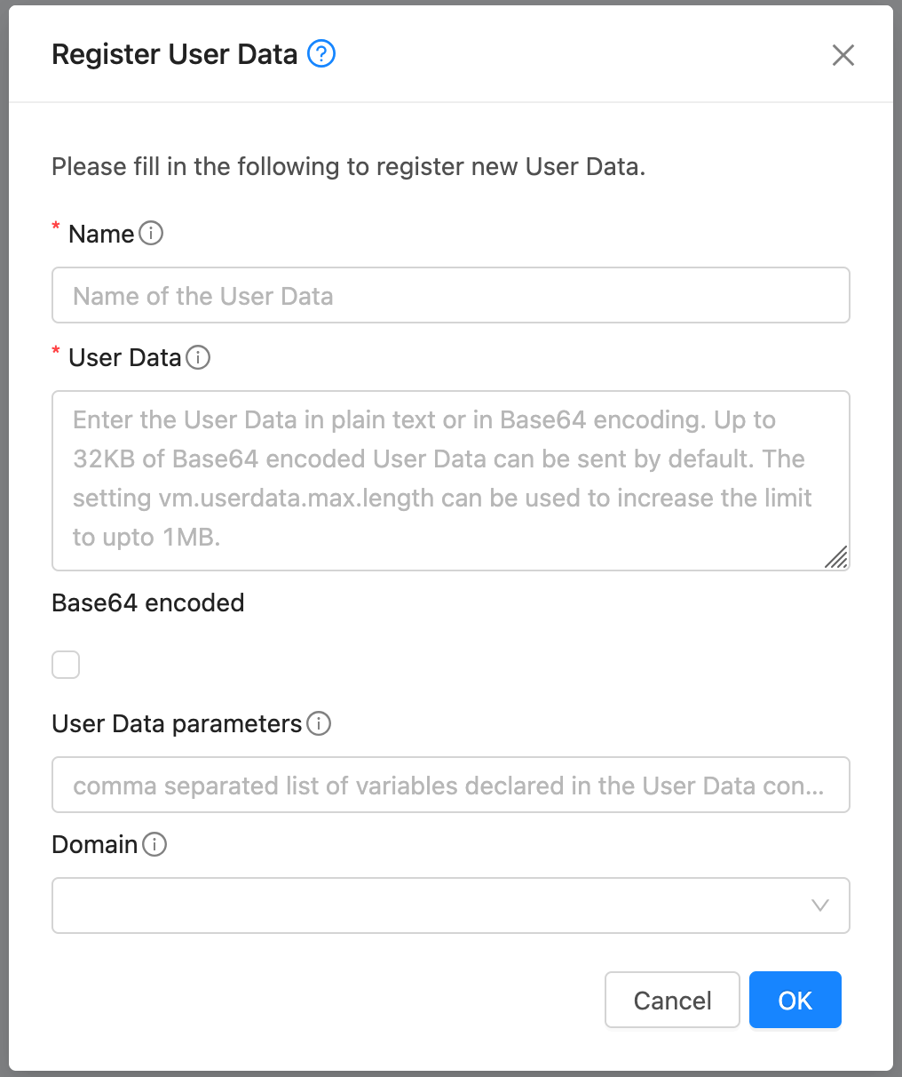 Regiser User Data dialog box